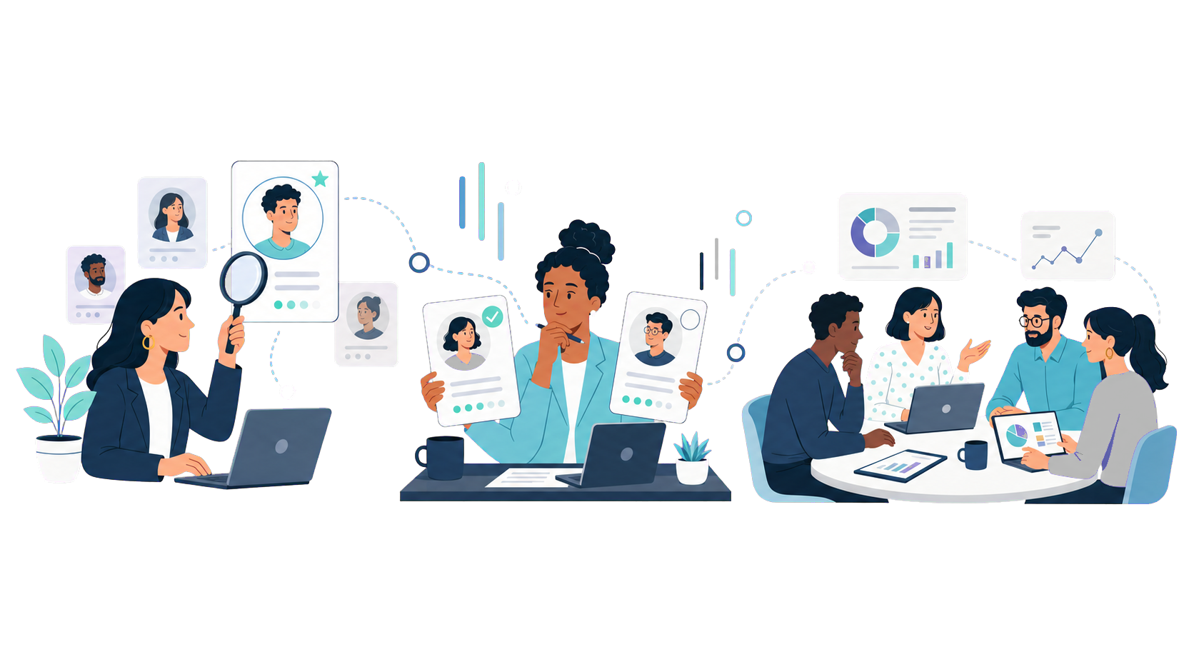 Recruiters discovering, assessing, and connecting professionals across different industries